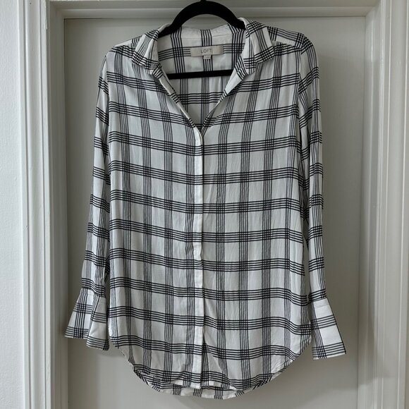 Loft White & Black Plaid Button Up Long-Sleeve Shirt, Size S - Picture 1 of 6